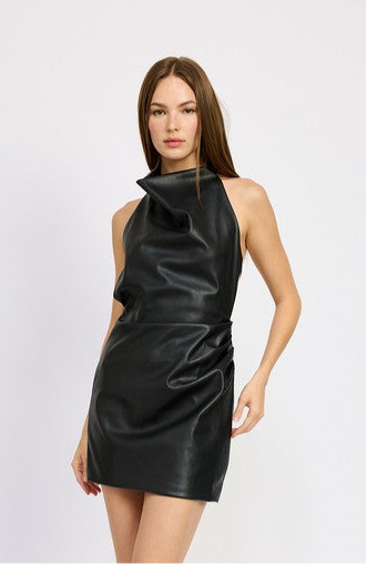 Emory Park HALTER NECK LEATHER MINI DRESS