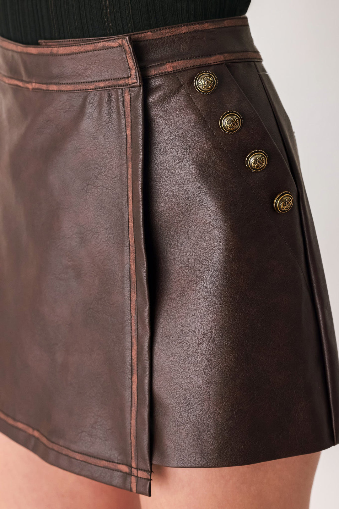 FLYING TOMATO SADDLE STREET BROWN FAUX LEATHER WRAP SKORT