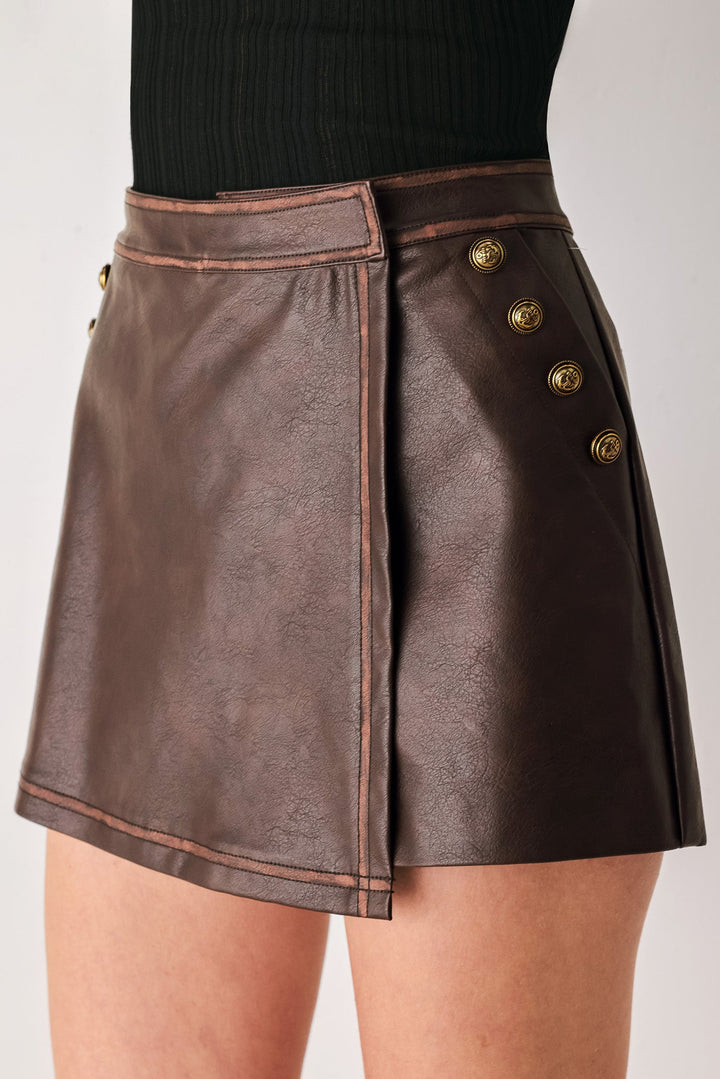 FLYING TOMATO SADDLE STREET BROWN FAUX LEATHER WRAP SKORT