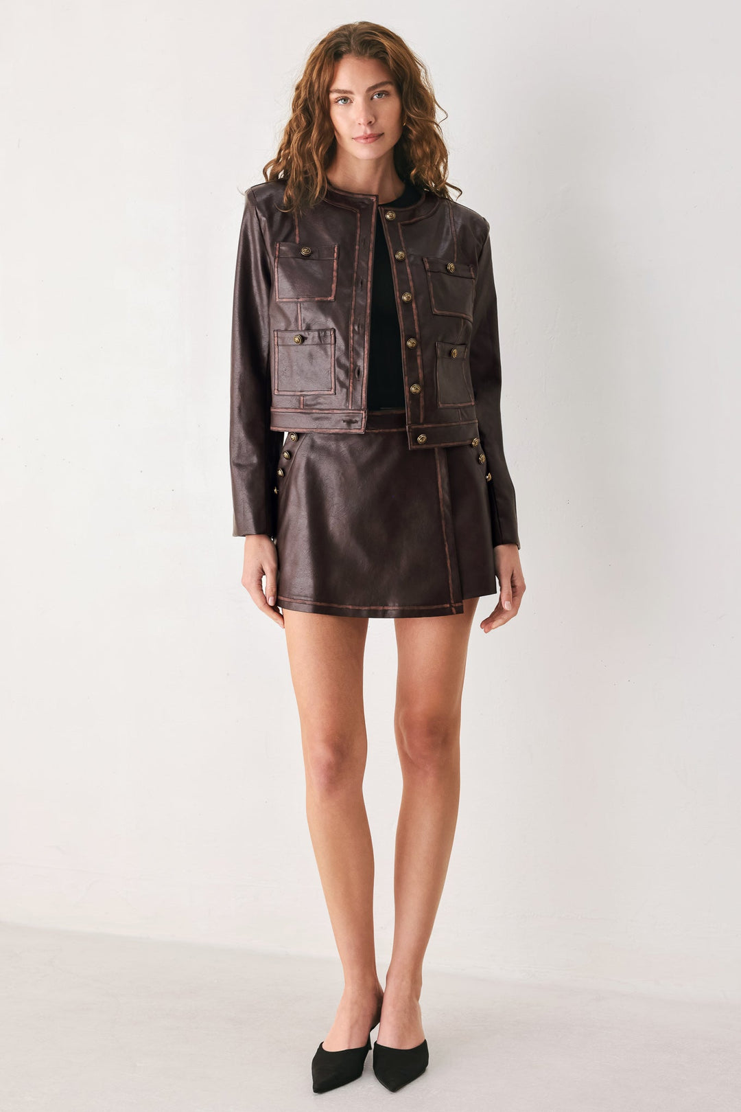 FLYING TOMATO SADDLE STREET BROWN FAUX LEATHER WRAP SKORT