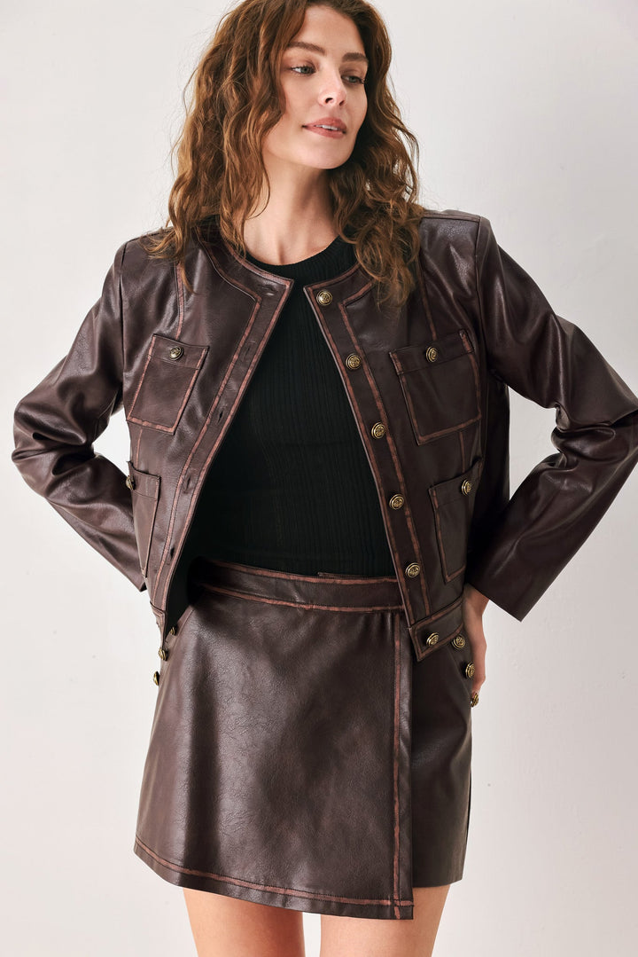 FLYING TOMATO SADDLE STREET BROWN FAUX LEATHER WRAP SKORT