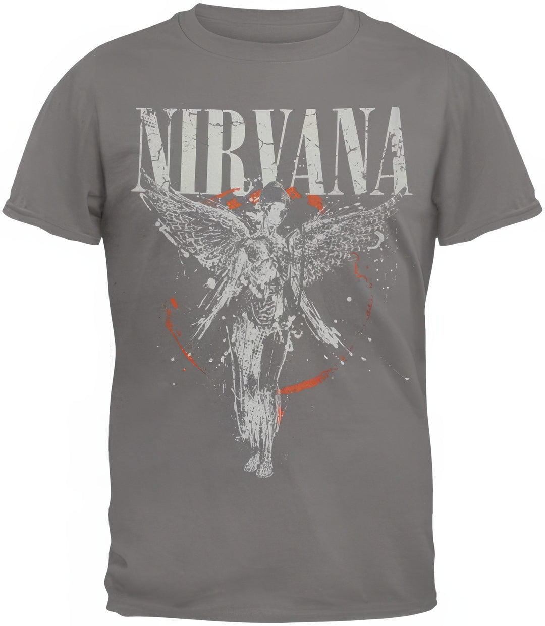 Graphic T-shirt showcasing Nirvana's 'In Utero' iconic angelic figure with wings found on the album cover.  A powerful representation of the legendary 'In Utero' album on a grey tee.