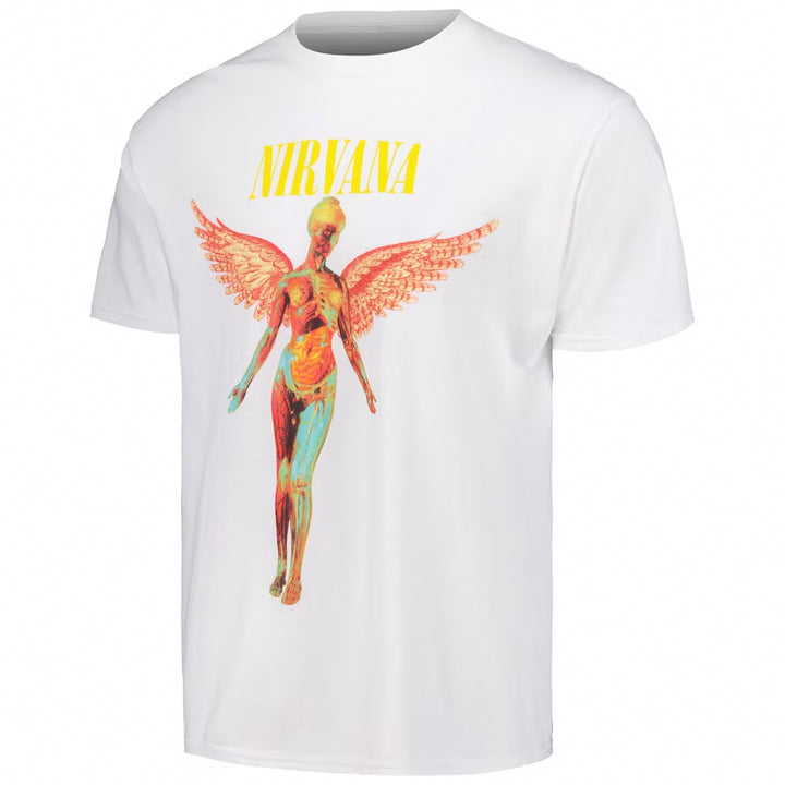 Graphic T-shirt showcasing Nirvana's 'In Utero' album cover. Depicts the iconic angelic figure with wings. A powerful representation of the legendary 'In Utero' album on a white tee.