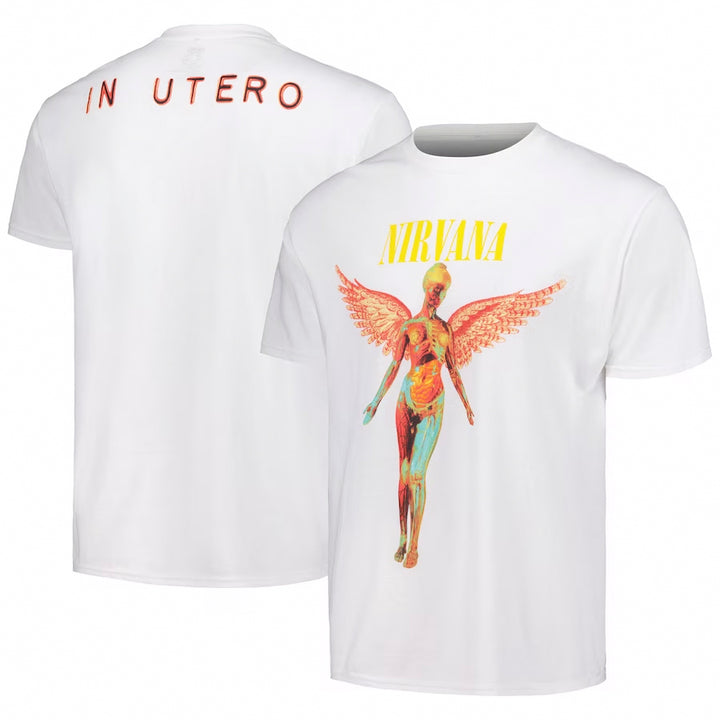 Graphic T-shirt showcasing Nirvana's 'In Utero' album cover. Depicts the iconic angelic figure with wings. A powerful representation of the legendary 'In Utero' album on a white tee.
