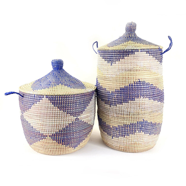 African Handmade Low Storage Basket - Blue + Natural Chevron