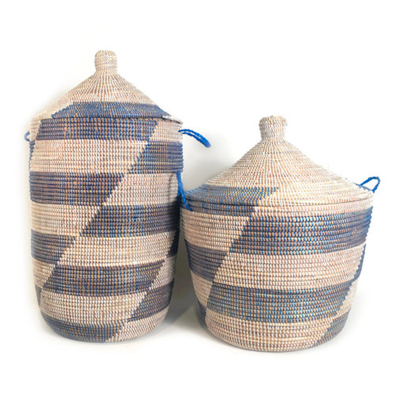 African Handmade Senegal Low Storage Basket - Blue Stripe