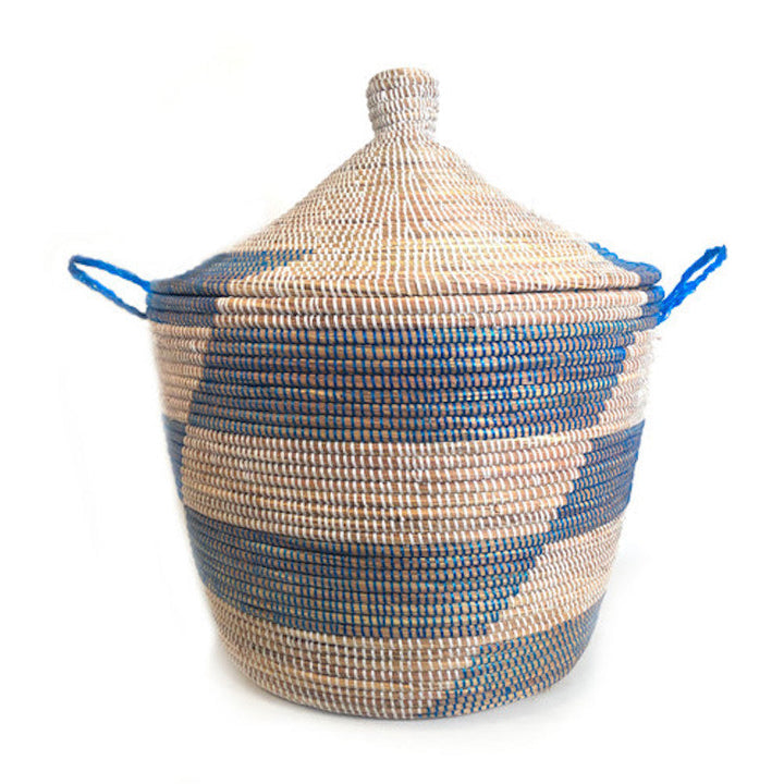 African Handmade Senegal Low Storage Basket - Blue Stripe