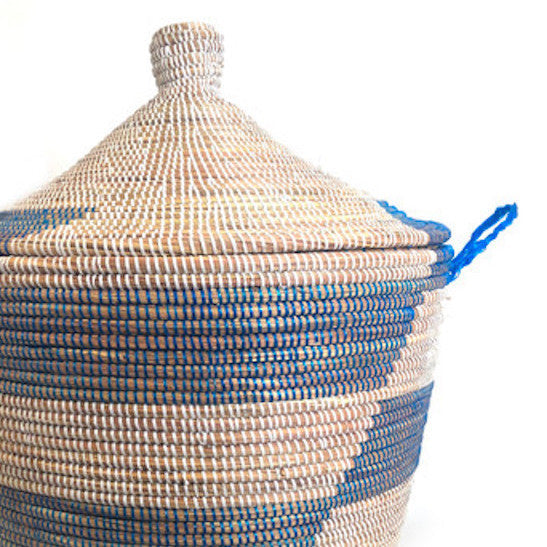 African Handmade Senegal Low Storage Basket - Blue Stripe