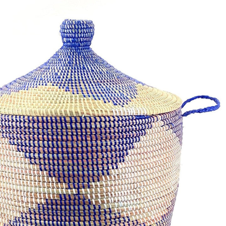 African Handmade Low Storage Basket - Blue + Natural Chevron