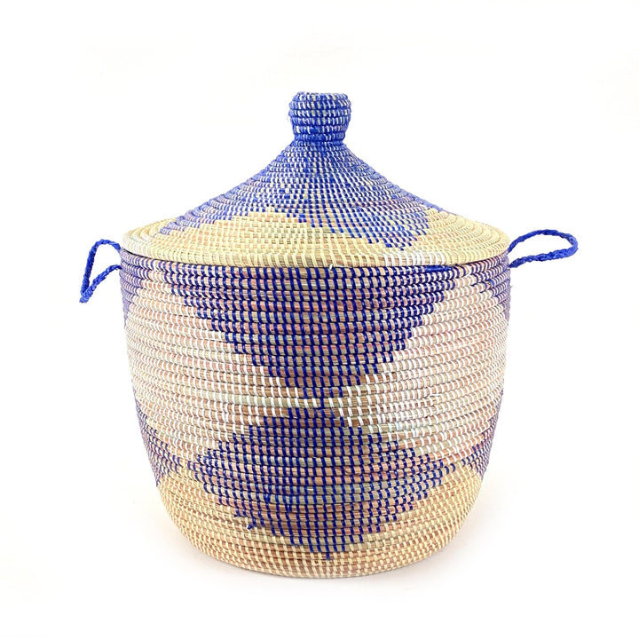 African Handmade Low Storage Basket - Blue + Natural Chevron