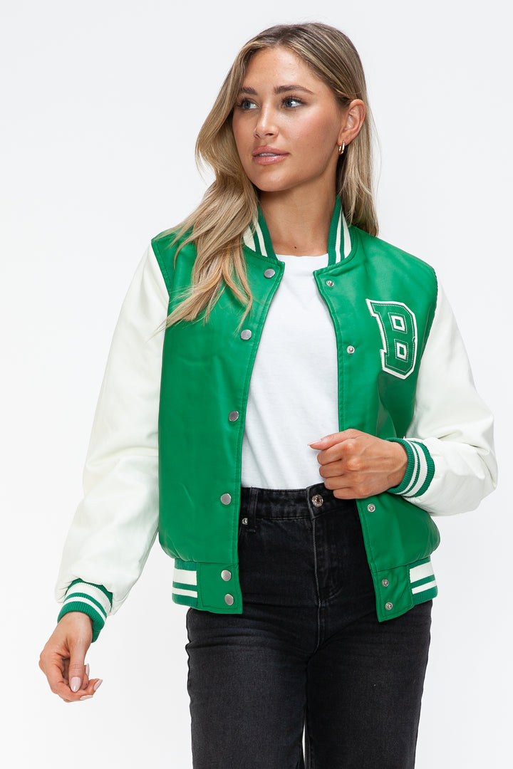 Love Me Now PU Leather Contrast Snap Down Bomber Jacket - Boho Soho