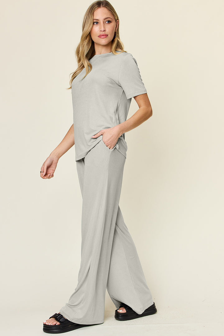 Double Take Round Neck Short Sleeve T-Shirt and Wide Leg Pants Set