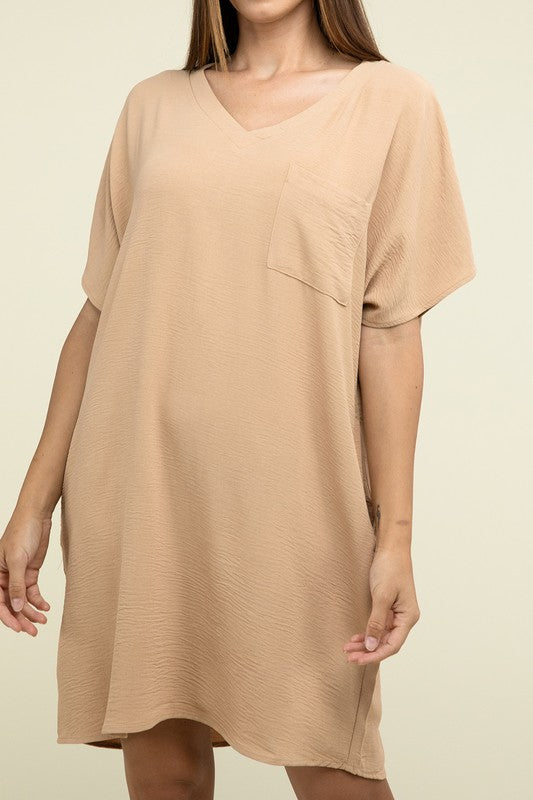 Zenana Woven Airflow V Neck T-Shirt Dress with Pockets