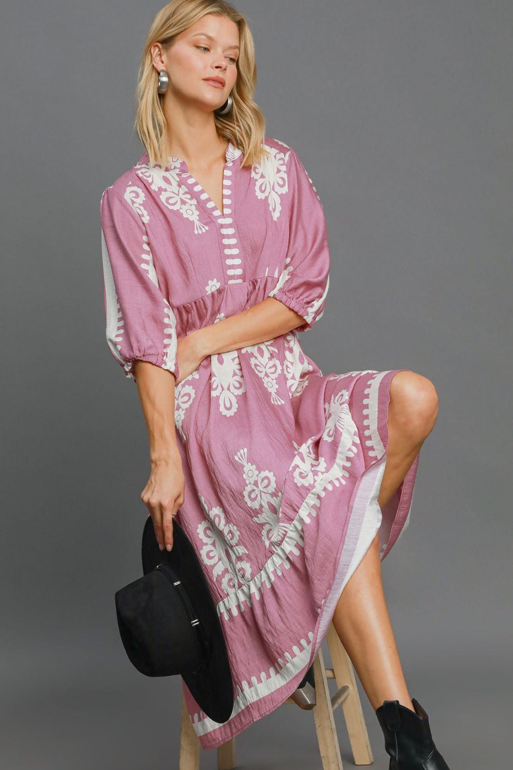 Umgee Printed Notched Midi Dress