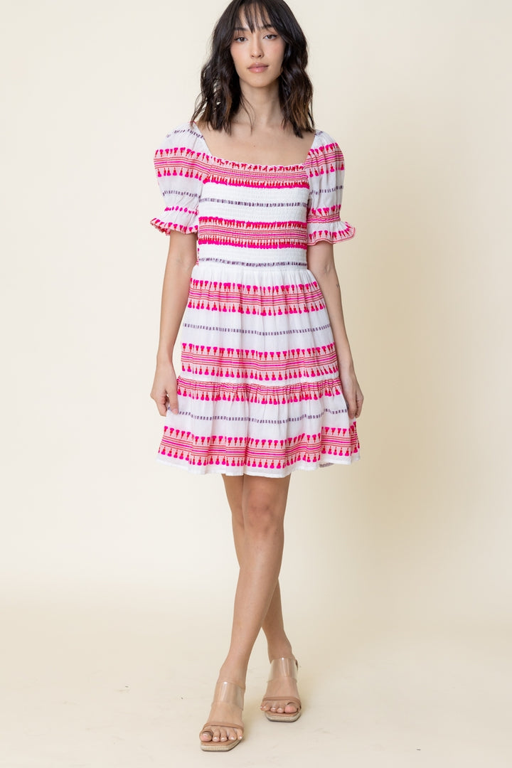 En Crème Embroidered Striped Puff Sleeve Mini Dress - Boho Soho