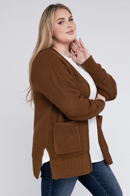 Zenana Plus Low Gauge Waffle Open Cardigan Sweater