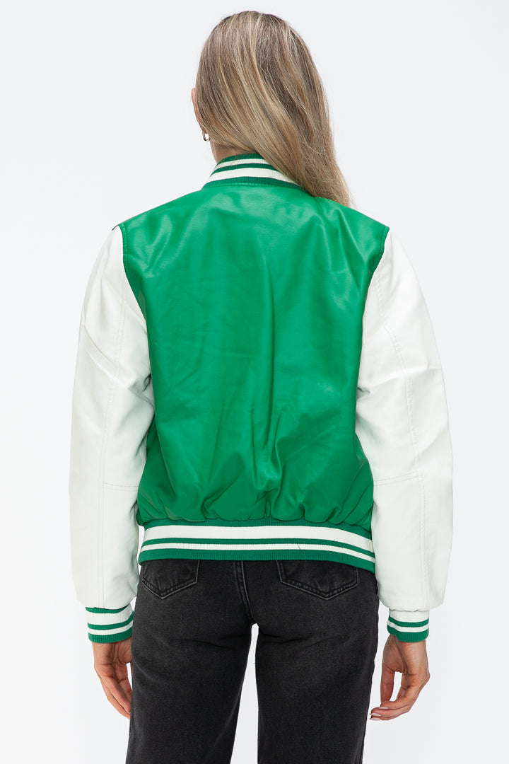Love Me Now PU Leather Contrast Snap Down Bomber Jacket - Boho Soho