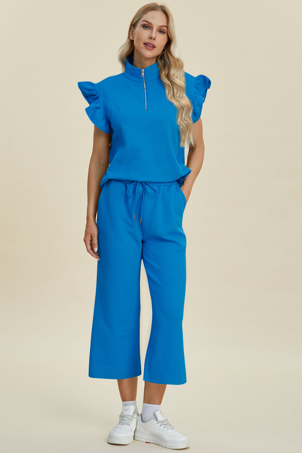 Double Take Full Size Texture Ruffle Short Sleeve Top and Wide Leg Pants Set - Boho Soho