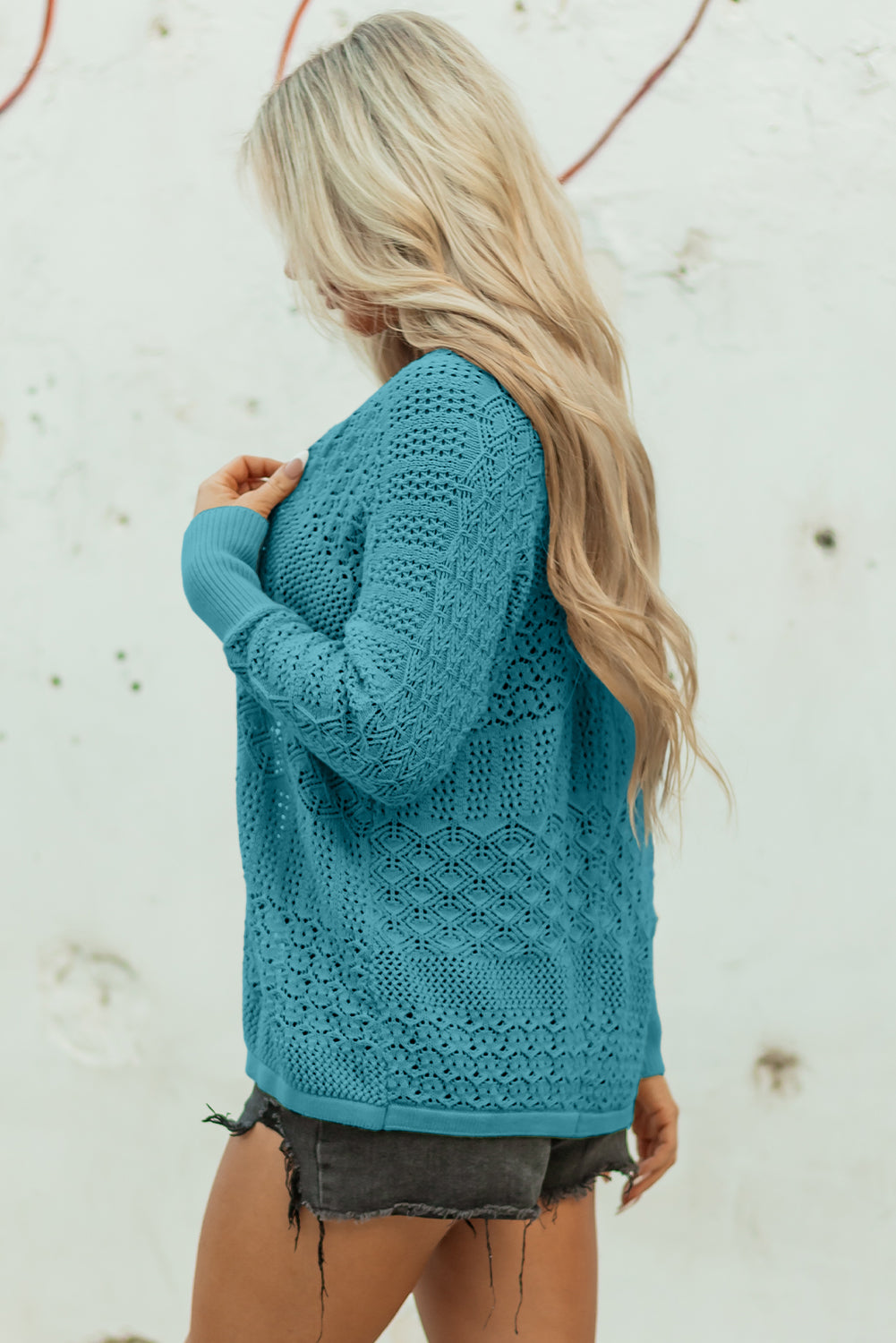 Lapis Mix Pattern Hollowed Knit Open Front Cardigan