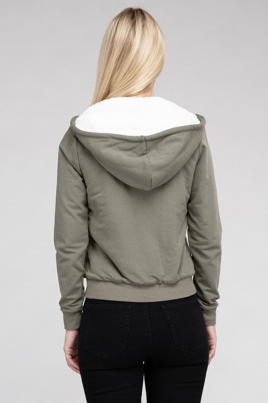 Ambiance Fuzzy Trim Zip-Up Crop Hoodie