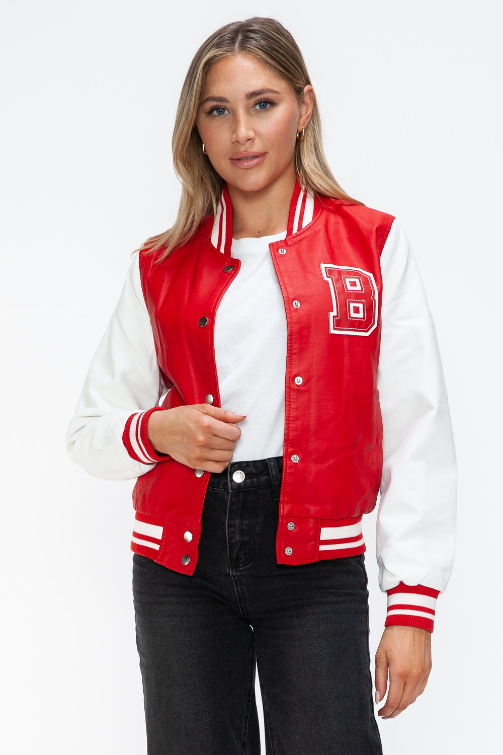 Love Me Now PU Leather Contrast Snap Down Bomber Jacket - Boho Soho