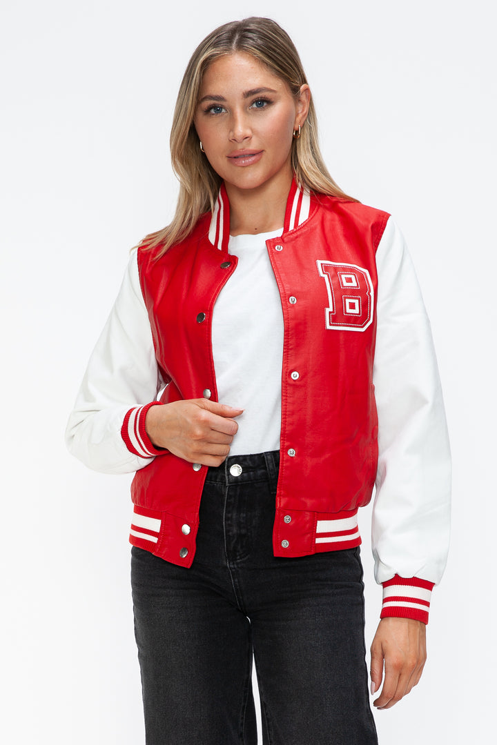 Love Me Now PU Leather Contrast Snap Down Bomber Jacket - Boho Soho