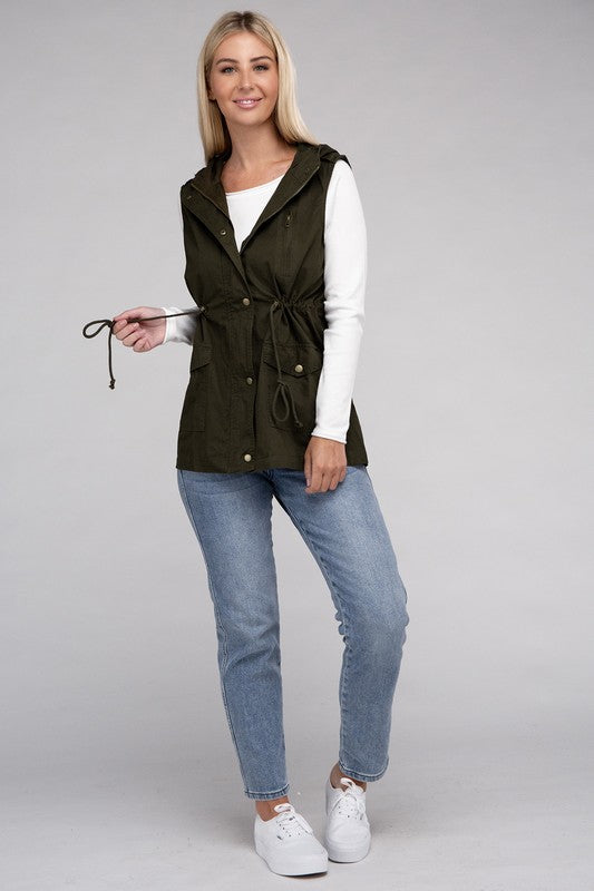 Zenana Drawstring Waist Military Hoodie Vest