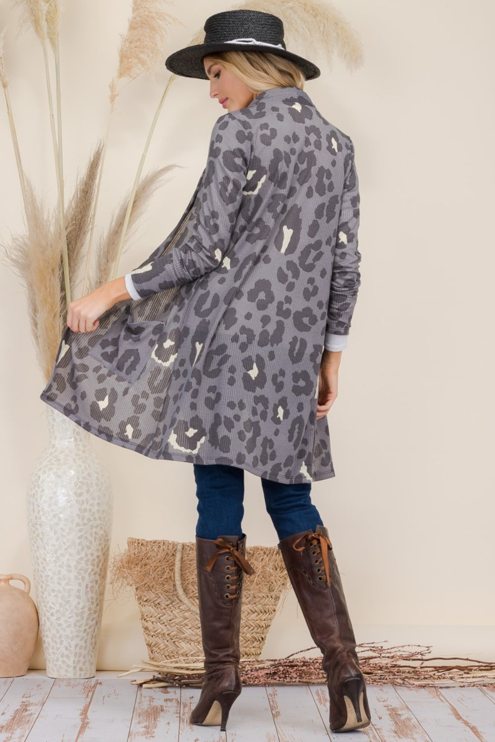 Celeste Leopard Open Front Contrast Cardigan