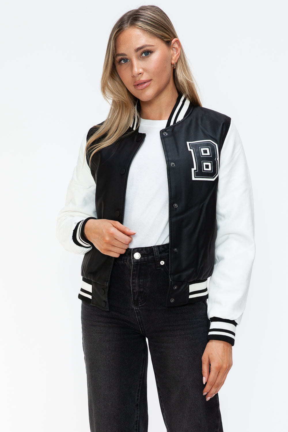 Love Me Now PU Leather Contrast Snap Down Bomber Jacket - Boho Soho