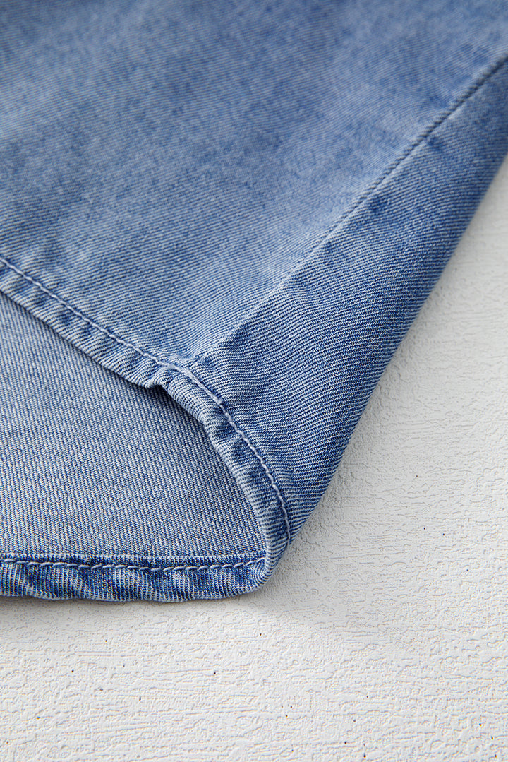 Denim Front Pintuck Bow Tie Puff Sleeve Top