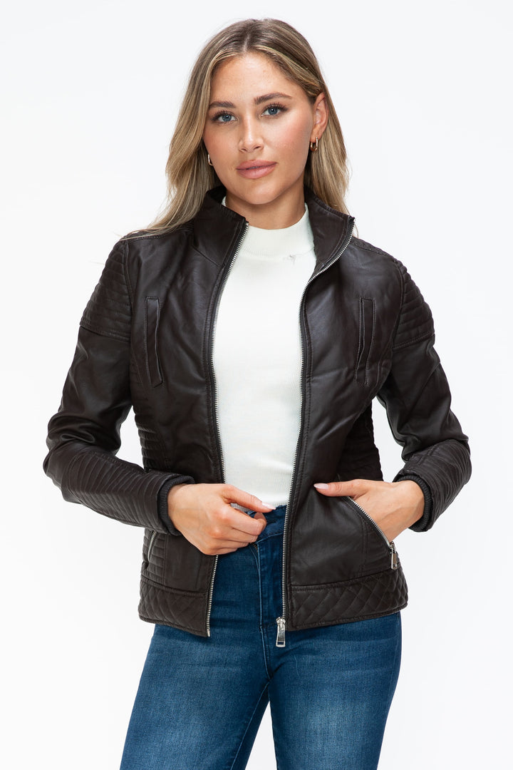 YMI Faux Layered Double-Zipper Faux Leather Jacket with Fuzzy Hood