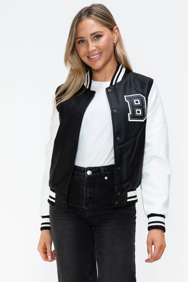Love Me Now PU Leather Contrast Snap Down Bomber Jacket - Boho Soho