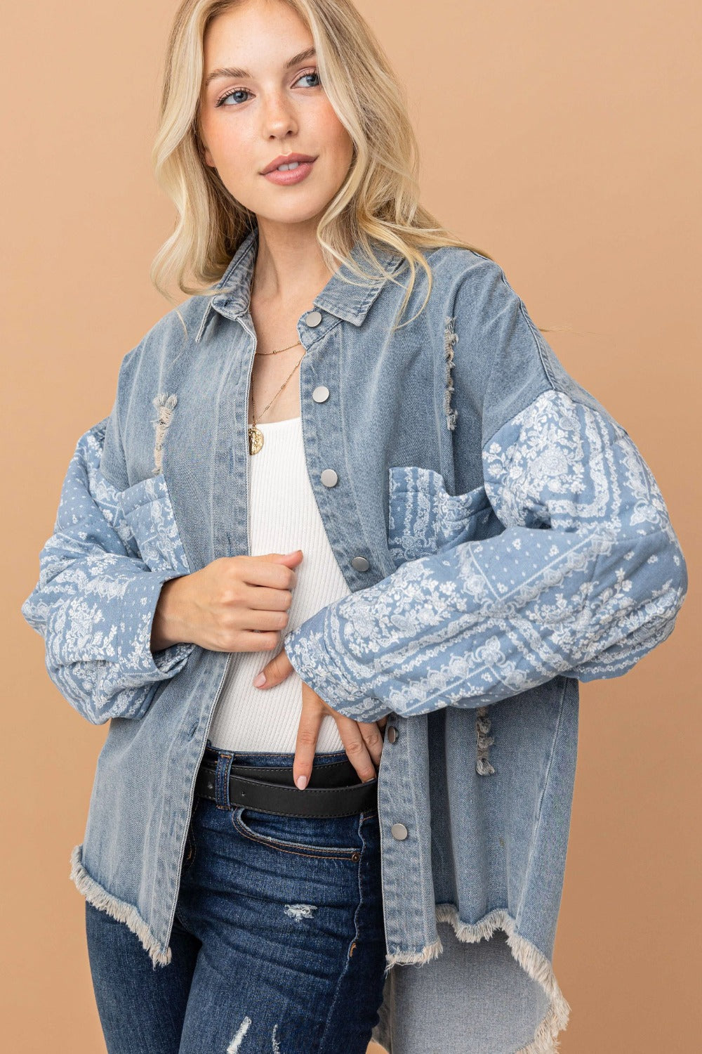 And The Why Paisley Print Quilted Sleeves Denim Jacket