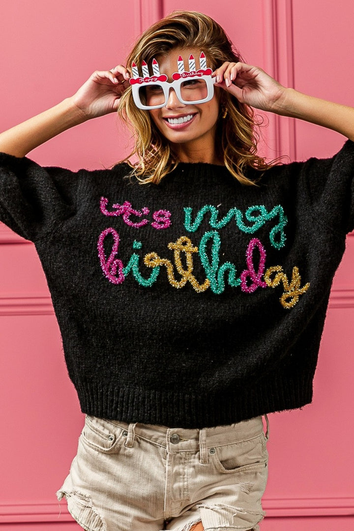 BiBi Metallic IT’S MY BIRTHDAY Puff Sleeve Fuzzy Sweater