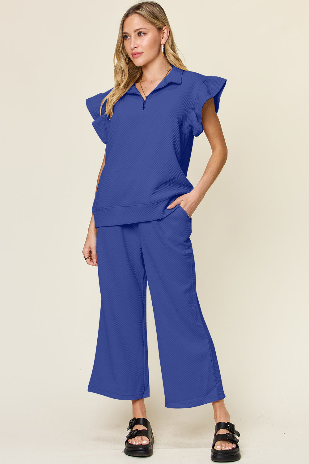 Double Take Texture Ruffle Sleeve Top and Drawstring Wide Leg Pants Set