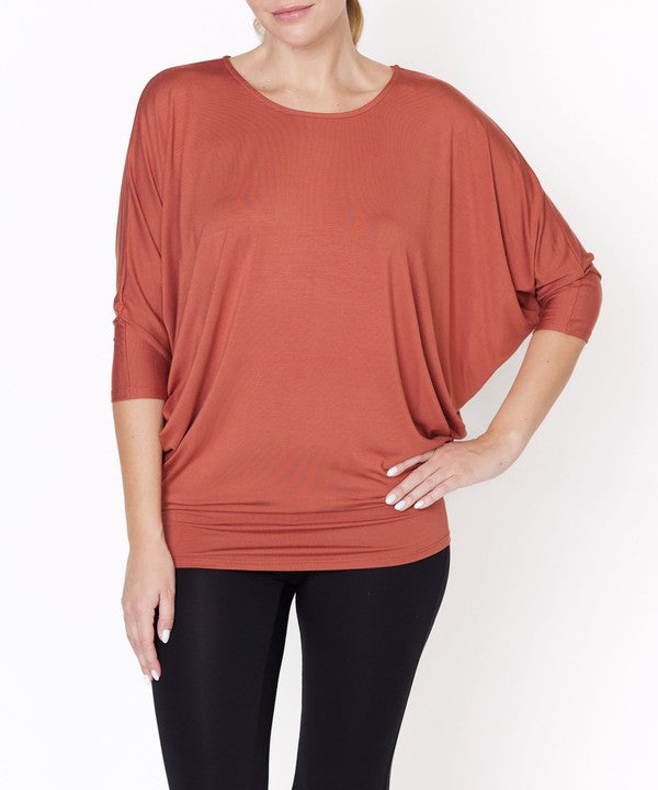 FABINA BAMBOO SIDE RUCHED DOLMAN SLEEVE TOP