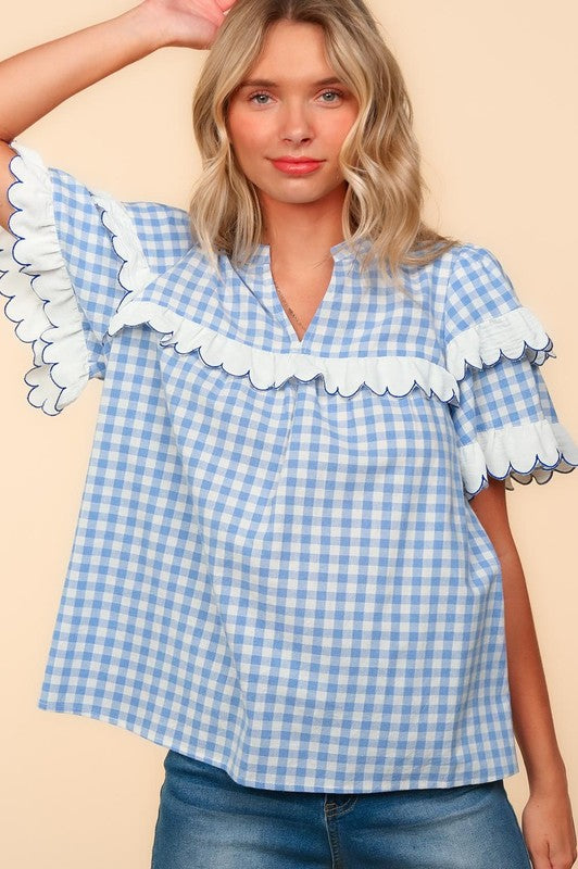 Haptics Plaid Scallop Hem Notched Short Sleeve Blouse