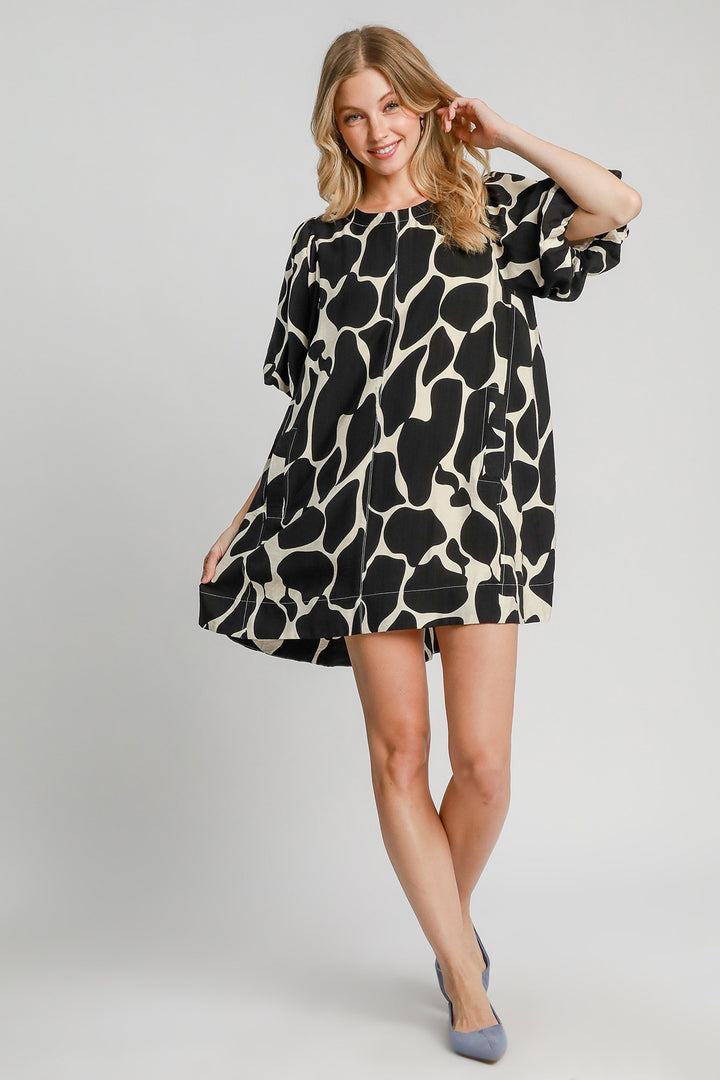 Umgee Two Tone Abstract Print Puff Sleeve Dress