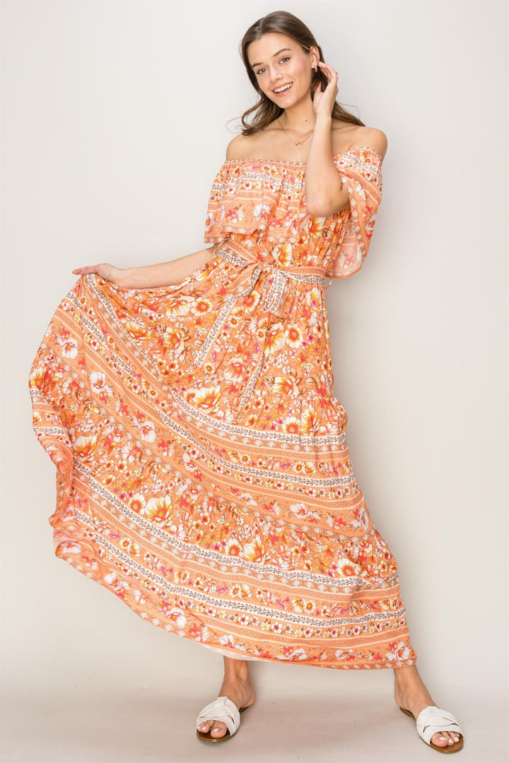 HYFVE Floral Off-Shoulder Tie Front Maxi Dress