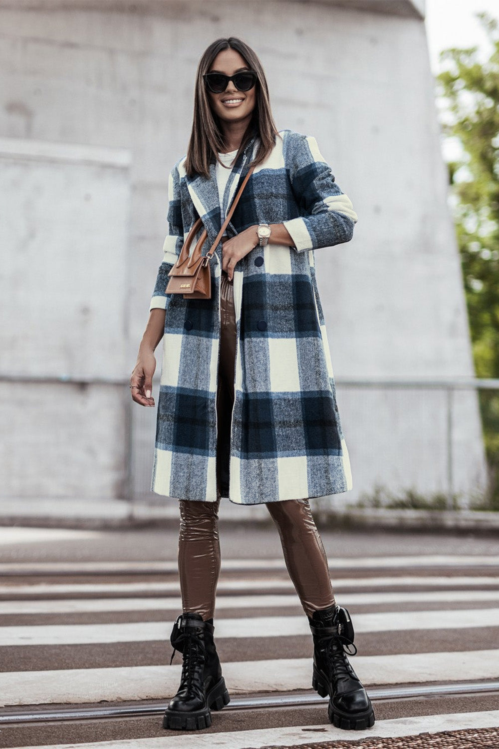 Double Take Plaid Button Up Lapel Collar Coat