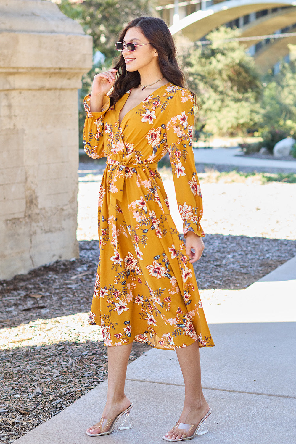 Double Take Floral Tie Back Flounce Sleeve Dress