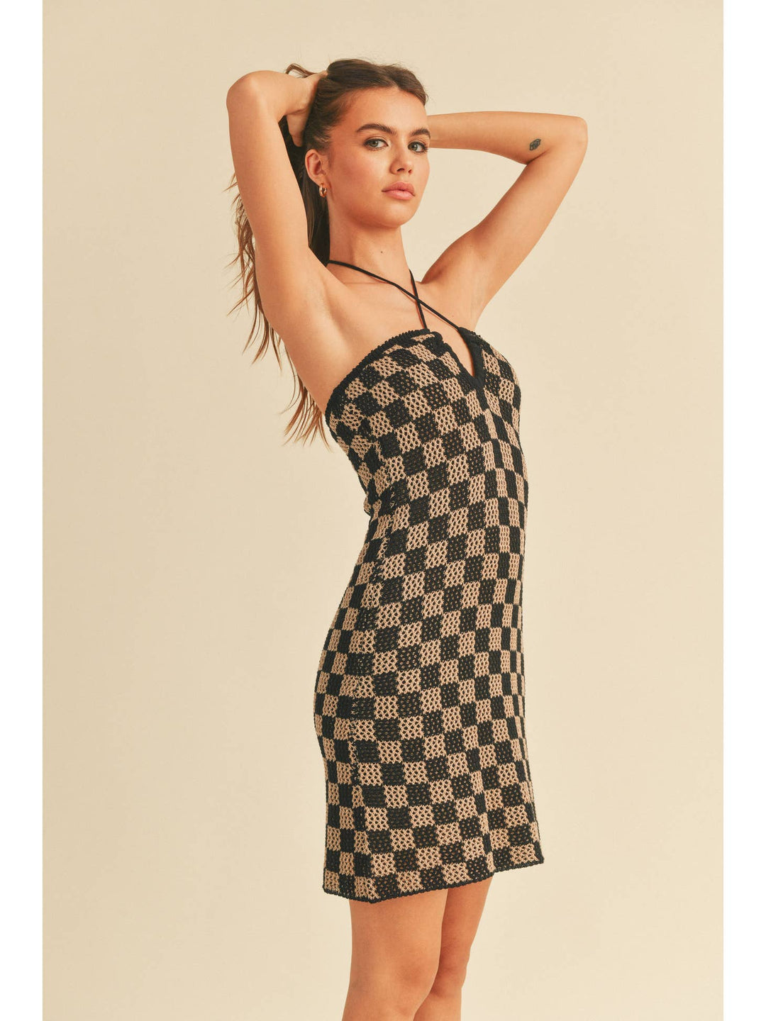 MIOU MUSE CHECKERBOARD PATTERN KNIT DRESS - Final Sale | Boho Soho MIOU MUSE CHECKERBOARD PATTERN KNIT DRESS - Final Sale | Boho Soho