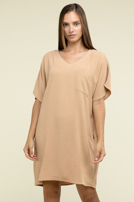 Zenana Woven Airflow V Neck T-Shirt Dress with Pockets