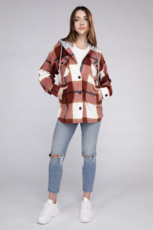 Zenana Plaid Drawstring Hooded Fleece Shacket