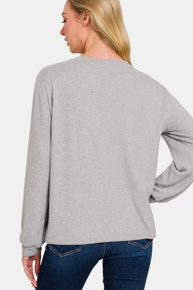 Zenana Hacci Round Neck Long Sleeve Top