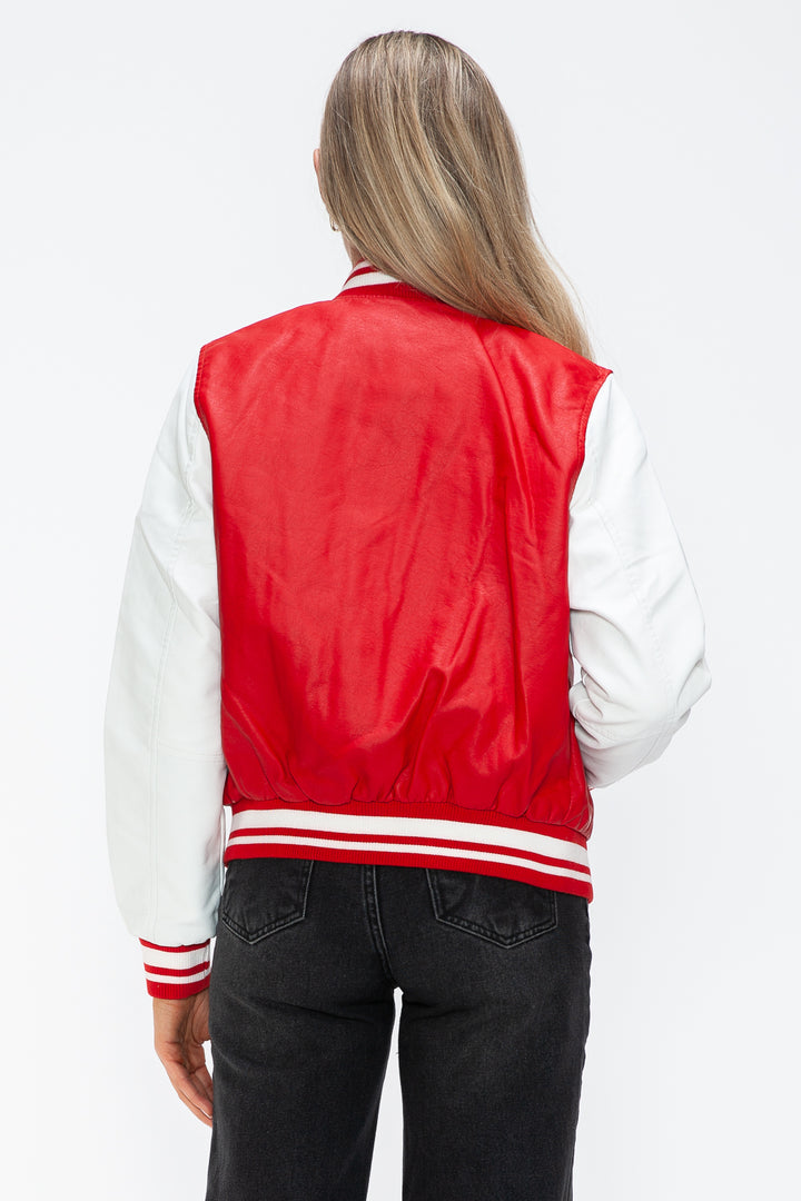 Love Me Now PU Leather Contrast Snap Down Bomber Jacket - Boho Soho