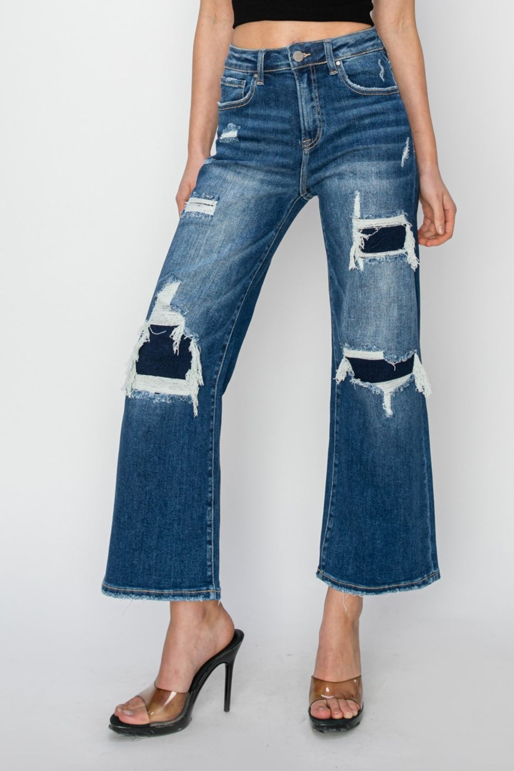 Risen High Rise Patch Detailed Wide Leg Crop Jeans