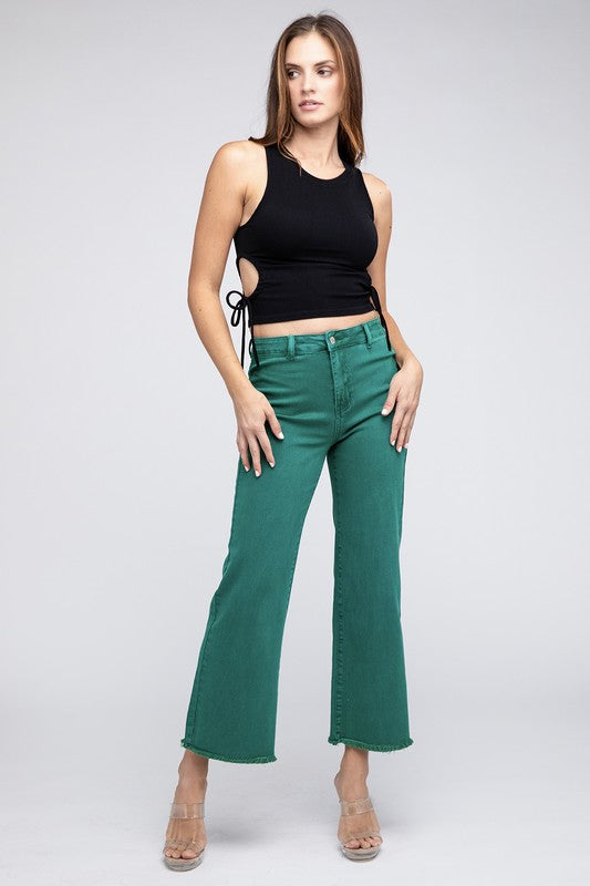 Zenana Acid Wash Frayed Cutoff Hem Straight Wide Jeans