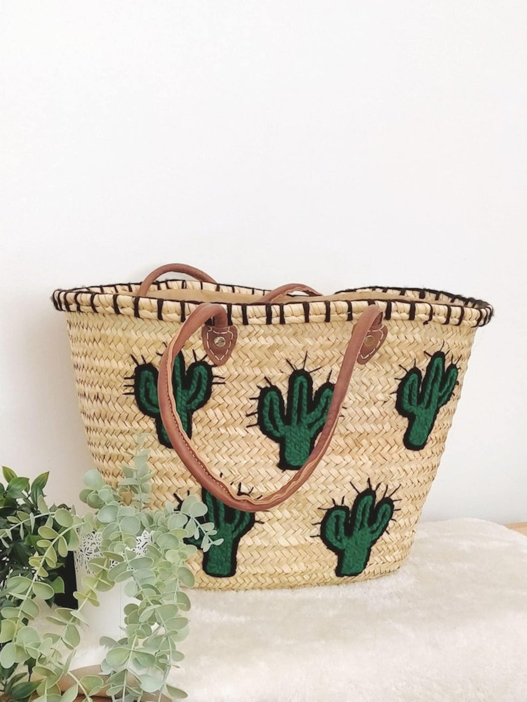 French Market Straw Basket Handmade with Leather Handles