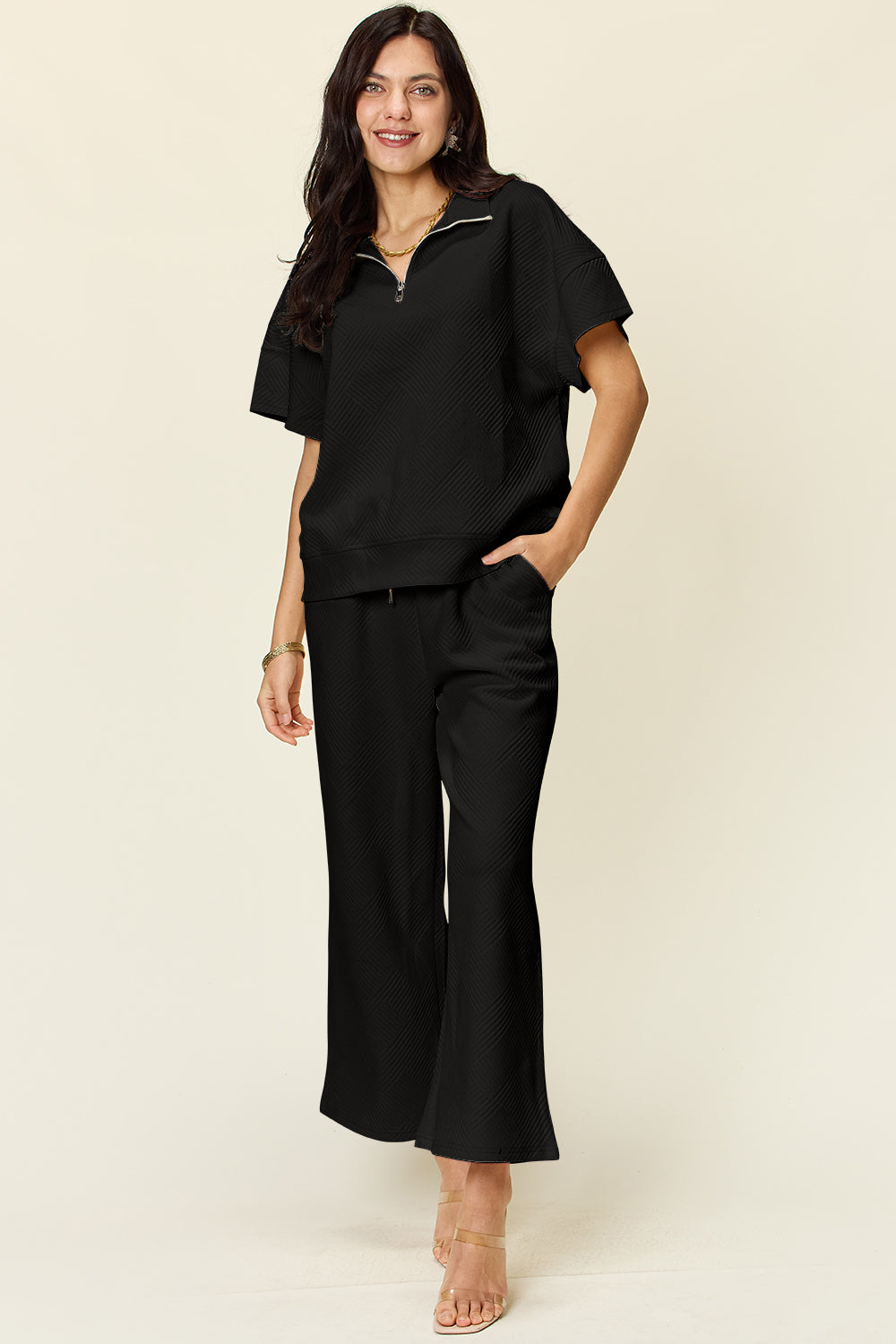 Double Take Texture Half Zip Short Sleeve Top and Pants Set